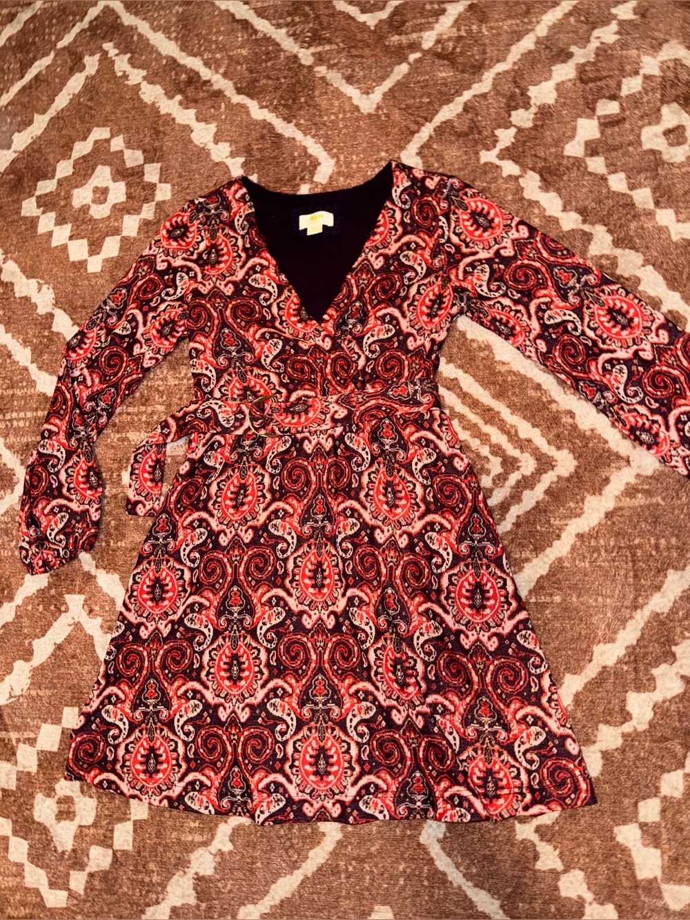Maeve paisley peasant sleeve faux wrap knit fit and flare mini dress size small